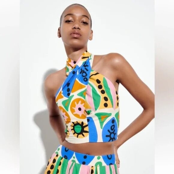 Zara Pop Art Printed Crop Halter Top S - Picture 15 of 15